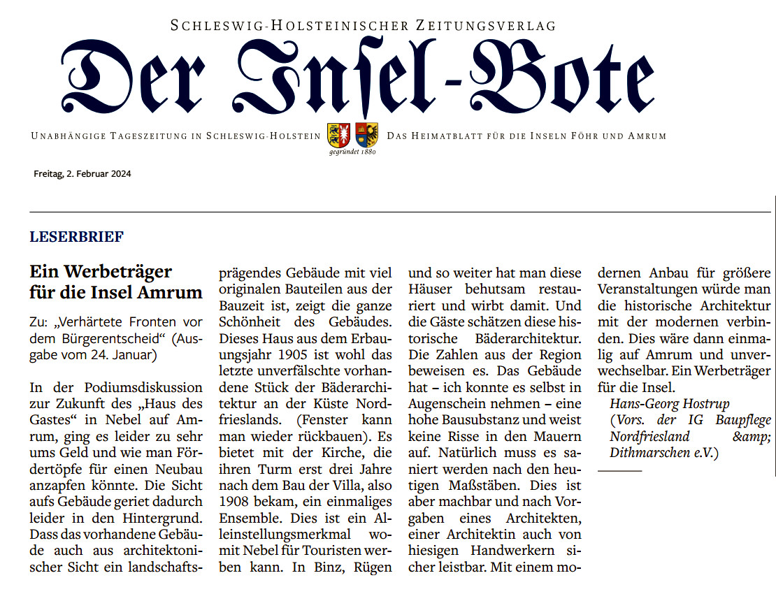 Leserbrief von Hans-Georg Hostrup, Vorsitzender der IG Baupflege, 01.02.2024 im Inselboten. Leserbrief von Hans-Georg Hostrup, Vorsitzender der IG Baupflege, 01.02.2024 im Inselboten.