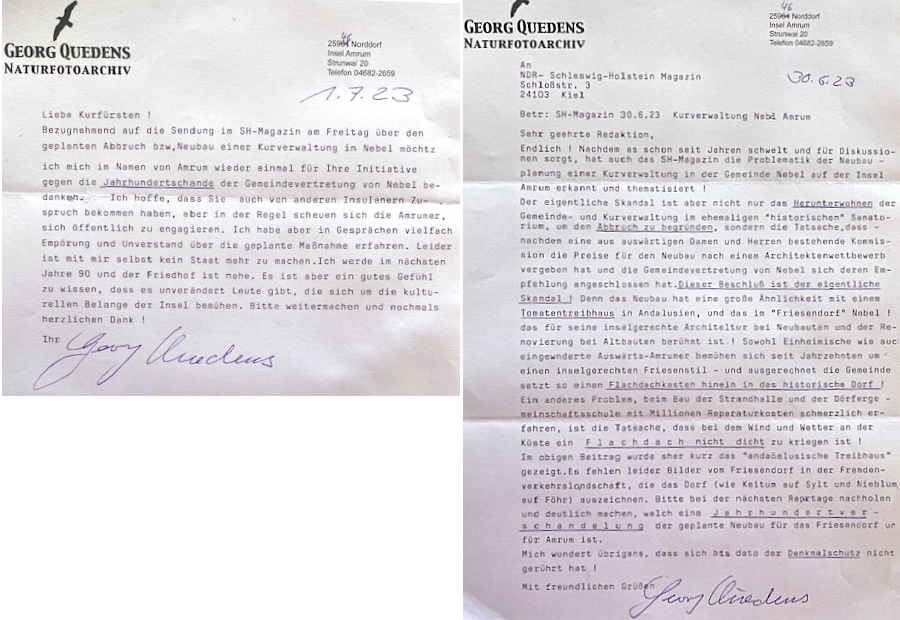 Öffentlicher Leserbrief von Georg Quedens, Norddorf, 01.07.2023. Öffentlicher Leserbrief von Georg Quedens, Norddorf, 1.07.2023.