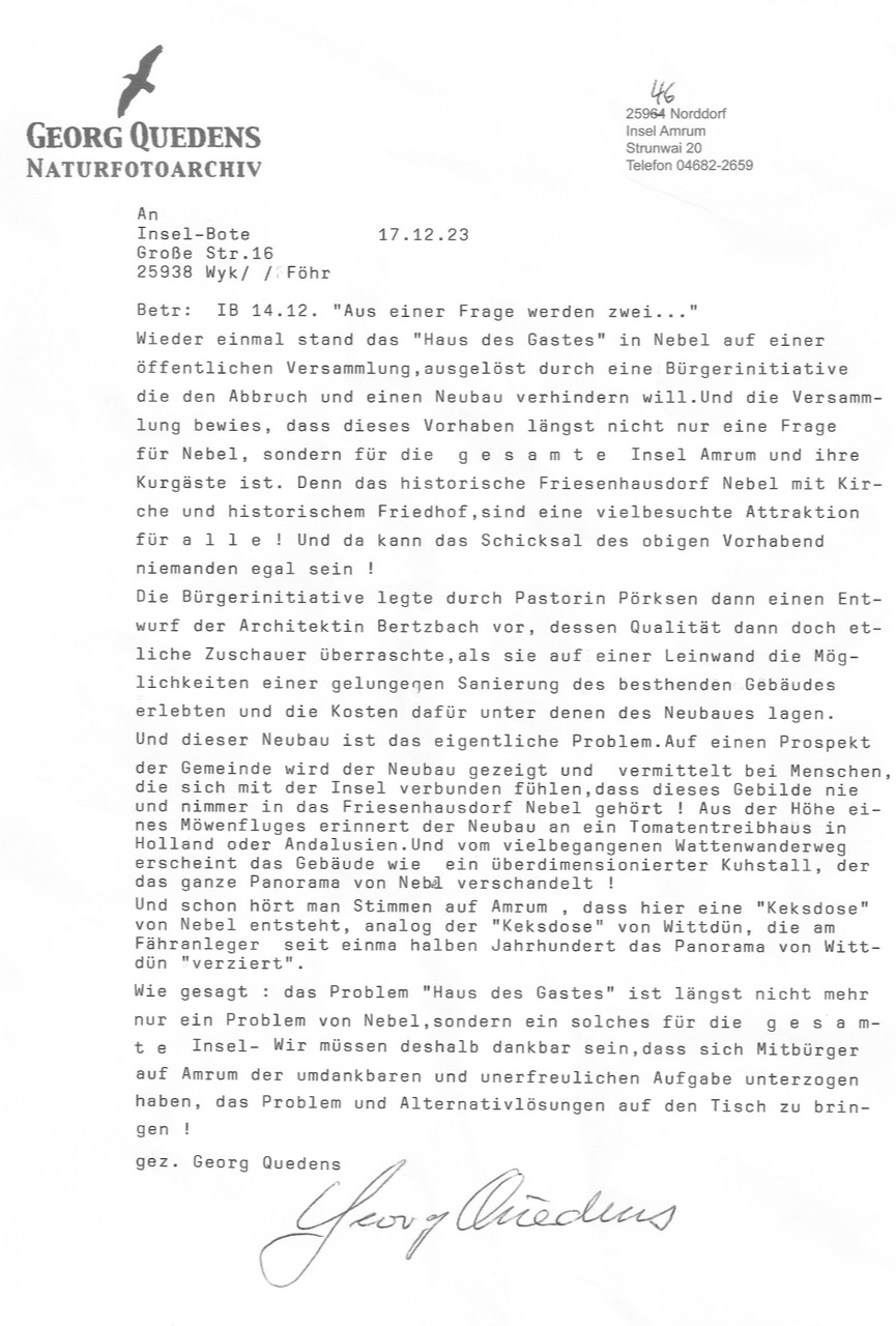 Öffentlicher Leserbrief von Georg Quedens, Norddorf, 17.12.2023. Öffentlicher Leserbrief von Georg Quedens, Norddorf, 17.12.2023.