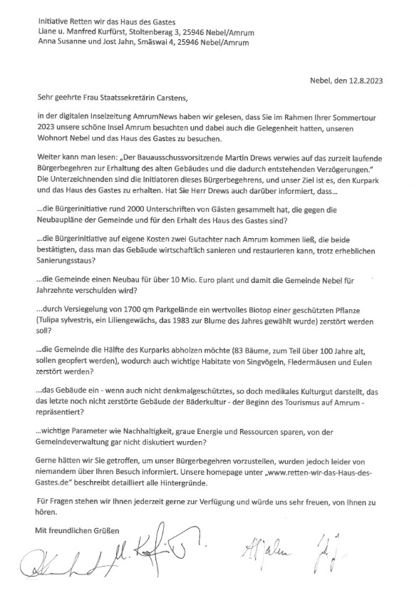 Unser Brief an Staatssekretätrin Carstens Unser Brief an Staatssekretätrin Carstens