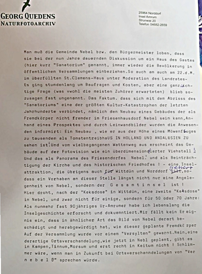 Öffentlicher Leserbrief von Georg Quedens, Norddorf, Januar 2024. Öffentlicher Leserbrief von Georg Quedens, Norddorf, Januar 2024.